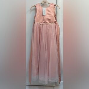 Girls blush pink formal dress with satin and chiffon overlay.